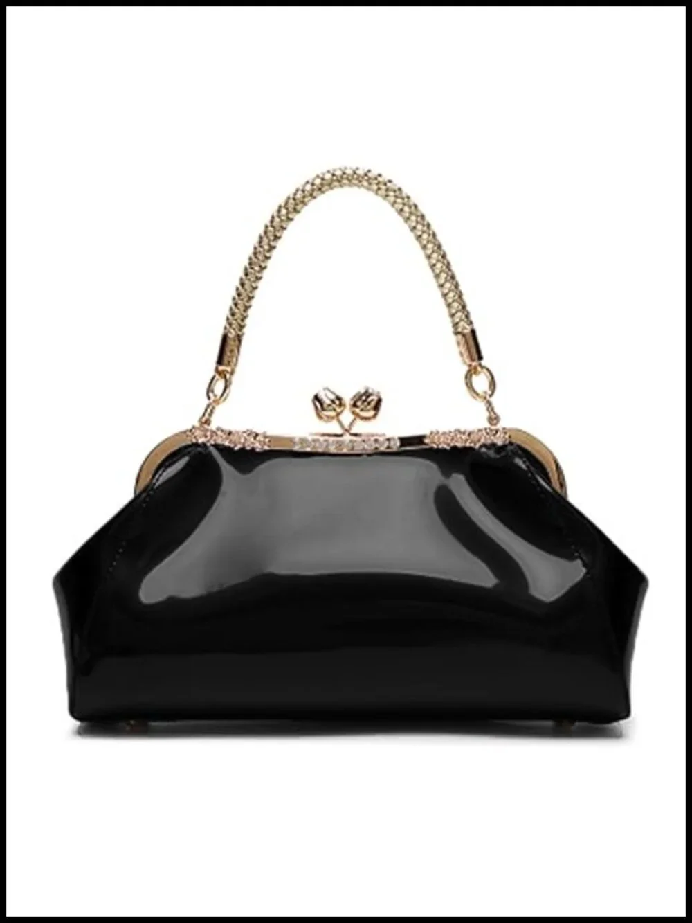 Glossy Patent Leather Evening Bag Kiss Lock Handbag Woven Metal Handle Women
